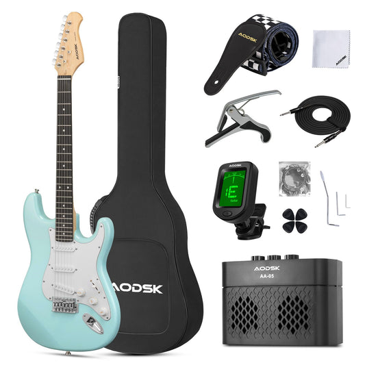 AODSK Electric Guitar with Amp Beginner Kit 39 Inch Solid Body Full Size,All Accessories,Digital Tuner,Six Strings,Four Picks,Tremolo Bar,Strap,Gig Bag,Starter kit