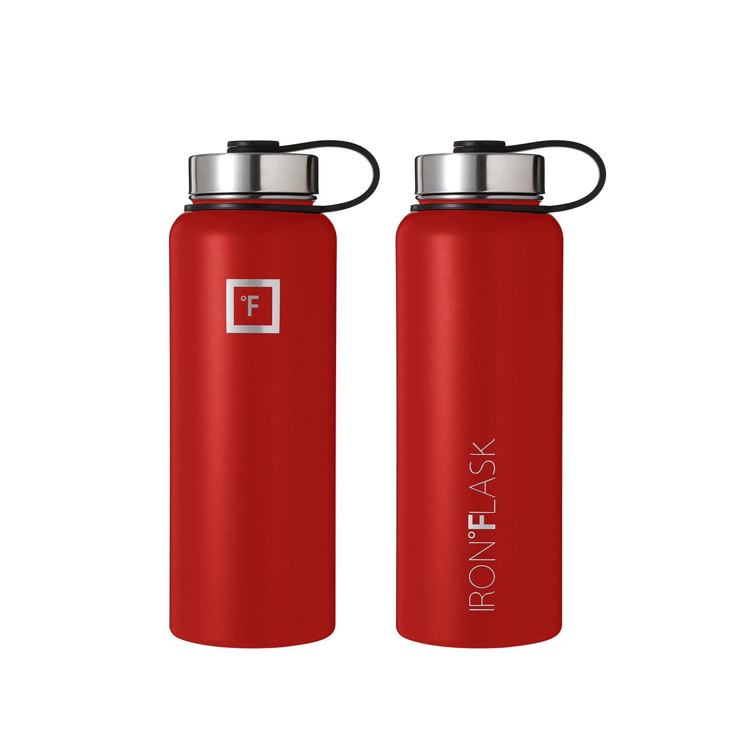 IRON °FLASK Camping & Hiking Hydration Flask, Wide Mouth, 3 Straw Lids, Stainless Steel Outdoor Water Bottle, Double Walled, Insulated Thermos, Metal Canteen - Fire Red, 14 Oz