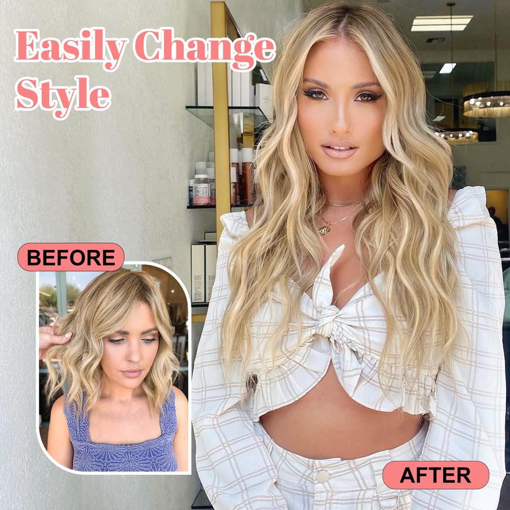 ALXNAN Clip in Long Wavy Synthetic Hair Extension 16 Inch Beach Blonde 4PCS Thick Hairpieces Fiber Double Weft Hair for Women
