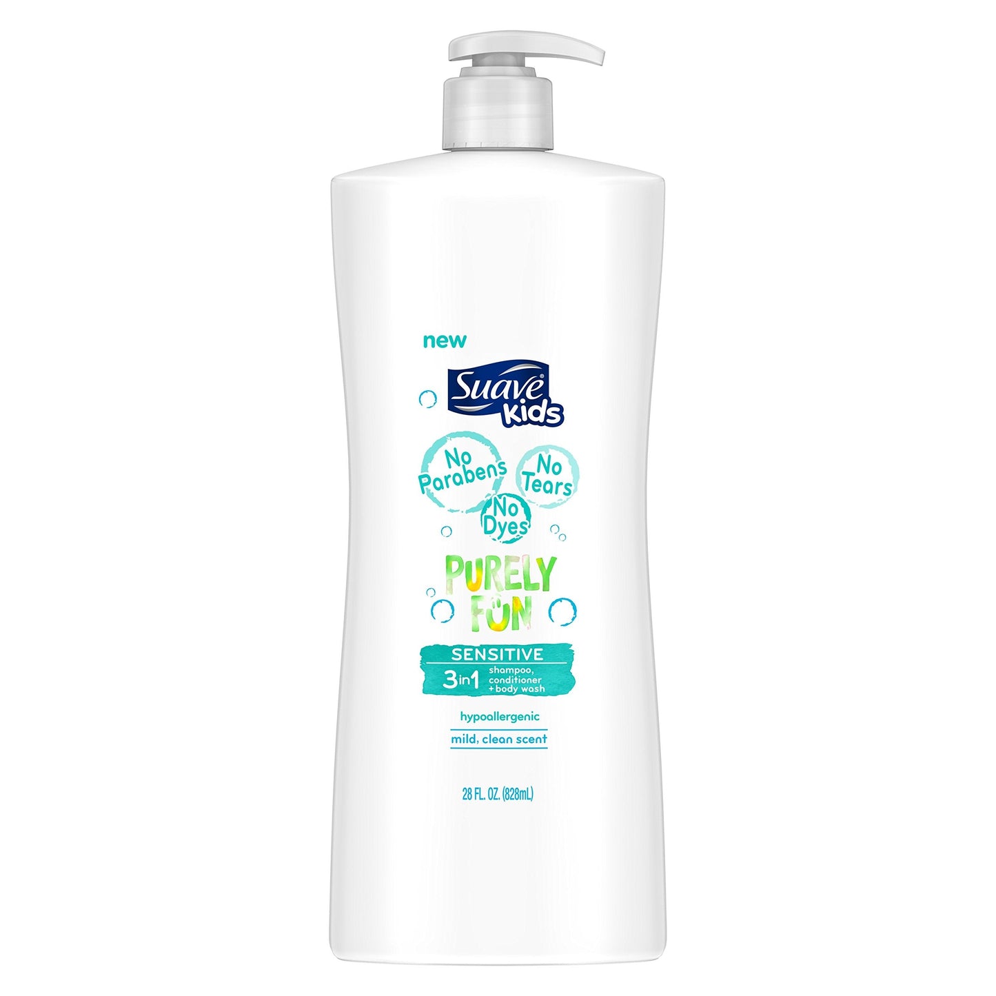 Suave Kids 3 in 1 Shampoo Conditioner Body Wash, Purely Fun Sensitive, 28 oz