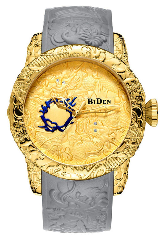 MASTOP Men's Fashion Big Dial 3D Sculpture Dragon Watches Men Quartz Watches Luxury Exquisite Creative Watch (Gold)