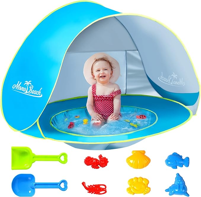 Monobeach Baby Beach Tent with Beach Sand Toys Pop Up Portable Shade Pool UPF50+ UV Protection Sun Shelter for Infant with Easy Set Up Canopy (Blue with Beach Sand Toys)