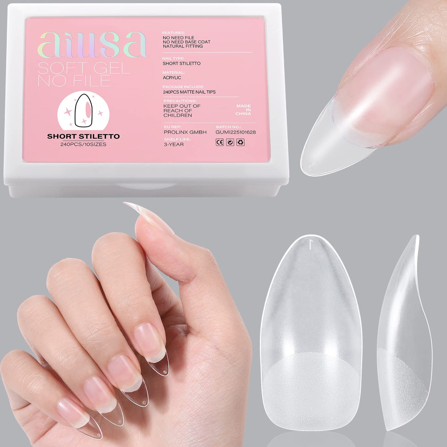 AILLSA Stiletto Nail Tips - Upgraded Matte Gel Nails Tips, Pre-filed Soft Full Cover Gelly Tips 240Pcs Pre-shaped Acrylic Clear Fake Press On Nail Tip for Soak Off Nail Extension 10 Sizes