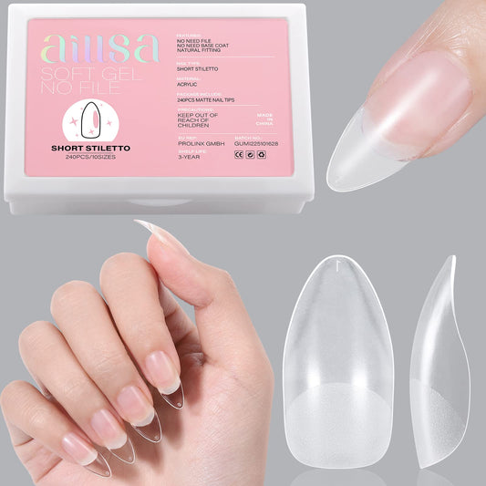 AILLSA Stiletto Nail Tips - Upgraded Matte Gel Nails Tips, Pre-filed Soft Full Cover Gelly Tips 240Pcs Pre-shaped Acrylic Clear Fake Press On Nail Tip for Soak Off Nail Extension 10 Sizes