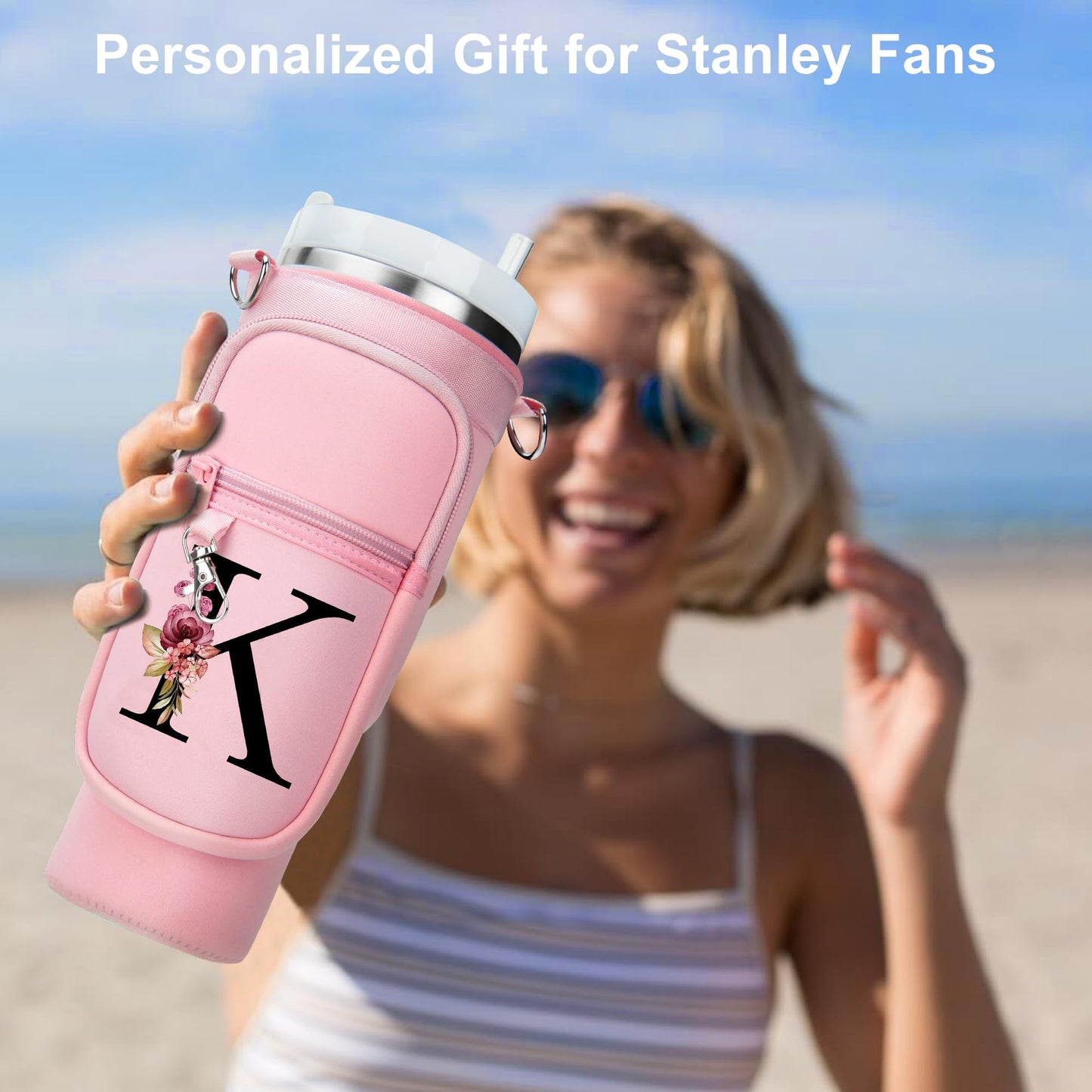 Initial Water Bottle Holder with Strap for Stanley 40 oz Tumbler, for Simple Modern 40 oz Tumbler, Graduation Gift with Phone Pocket, Carabiner, Personalized Gift for Stanley Cup Accessories Pink A