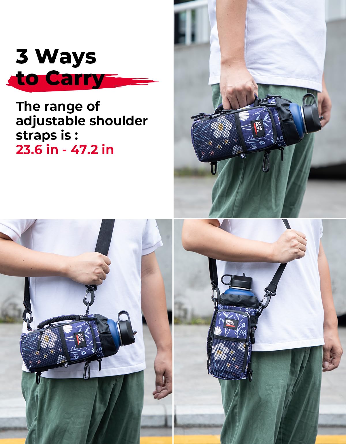 KEMIMOTO Water Bottle Holder Bag, Water Bottle Carrier with Adjustable Shoulder Strap, Water Bottle Pouch Holder for Hiking, Camping, Fishing, Compatible with YETI Stanley SLM 32 oz, 40 oz, 64 oz