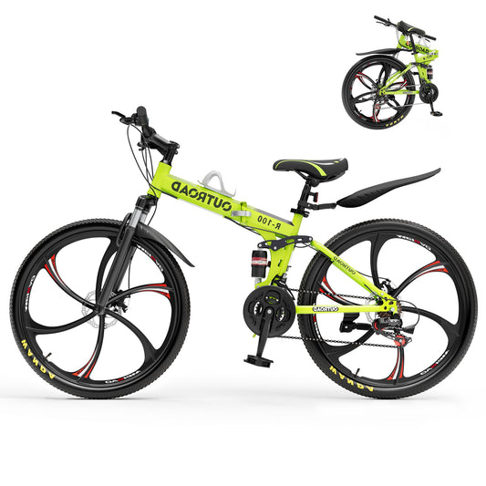 Betterland 26 Inch Folding Mountain Bike, 21 Speeds Full Suspension Foldable Bikes, Dual Disc Brake, High Carbon Steel Frame and Non-Slip Quick Release tire Bicycle for Adult