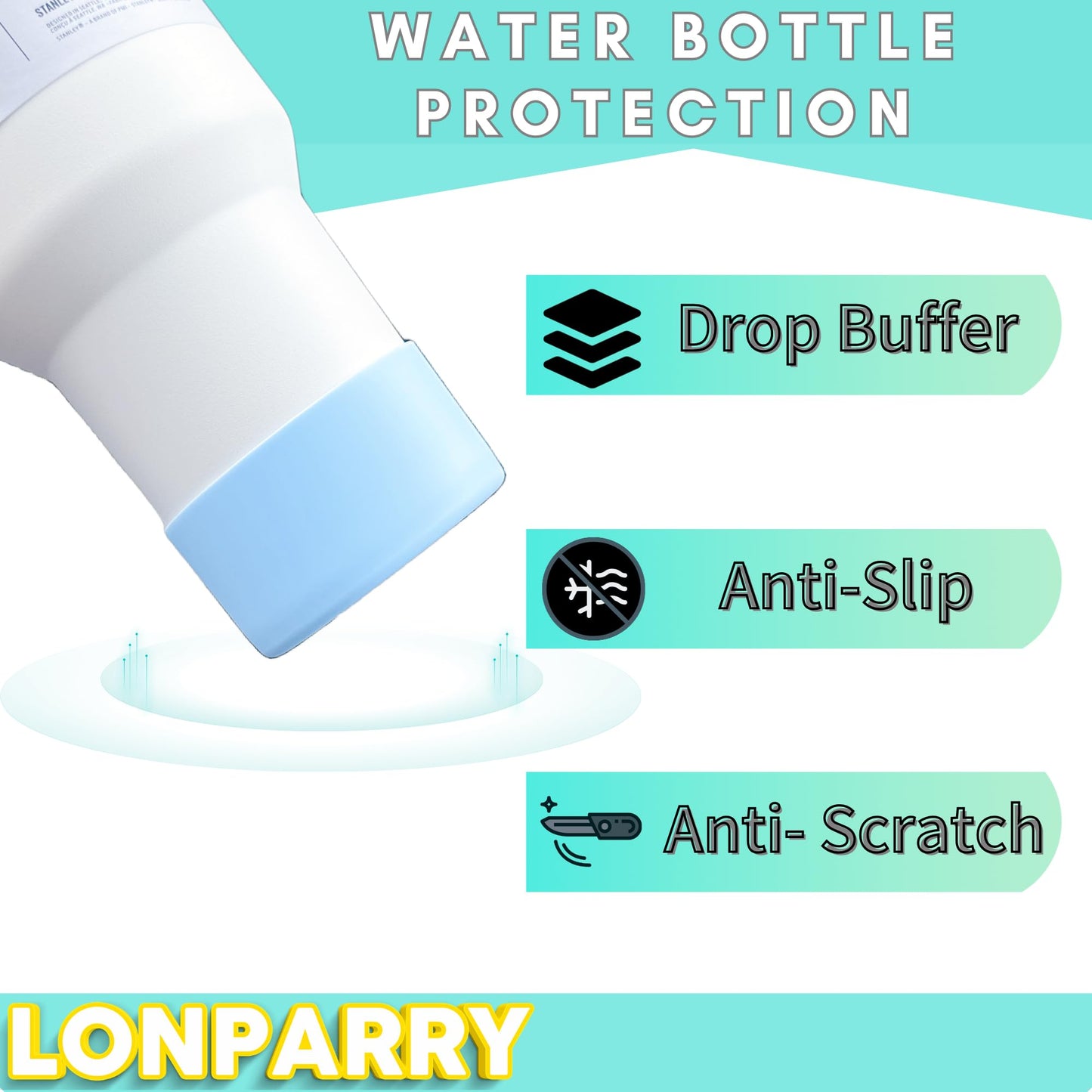 LONPARRY 4-Pack Silicone Boot for Stanley Cup Rubber Bottom Sleeve Protector for Stanley Tumbler HydroFlask Owala Car Travel Cup Bottle Bottom (Clear+Clear Blue+Dark Blue+Sky Blue)