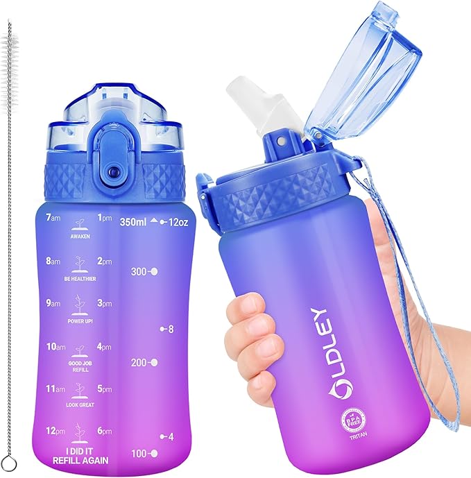 OLDLEY Kids Water Bottle for School, 12 oz (Straw Lid) BPA-Free Reusable Leak-proof Durable Tritan Plastic Water Bottles with One-handed Opening Straw Lids, Anti-dust Spout Cover (Lake)