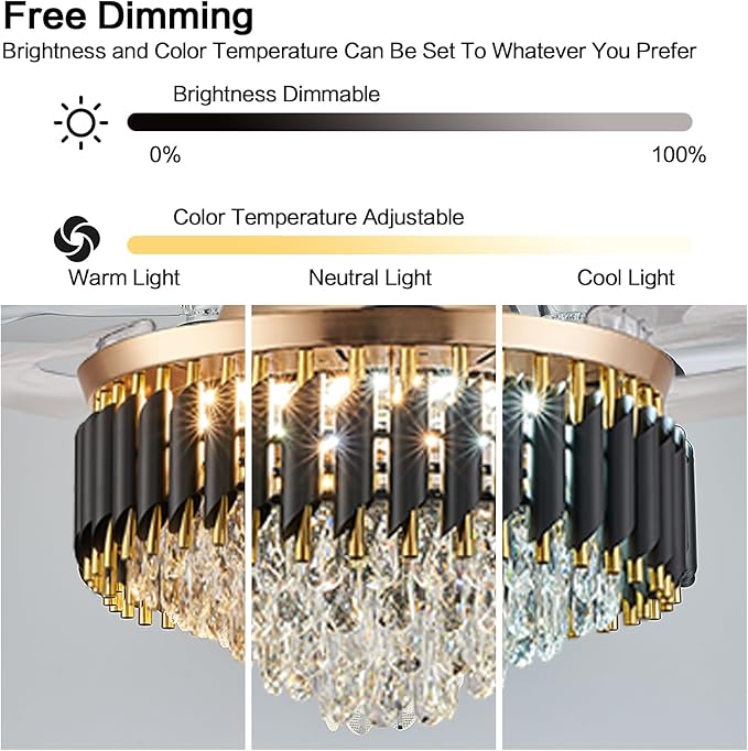 52" Gold Chandelier Ceiling Fans with Lights Crystal Ceiling Fan Chandelier Ceiling Fan with Lights Retractable Blade Fandelier Bladeless Ceiling Fans for Dinning Room Living Room Kitchen Foyer