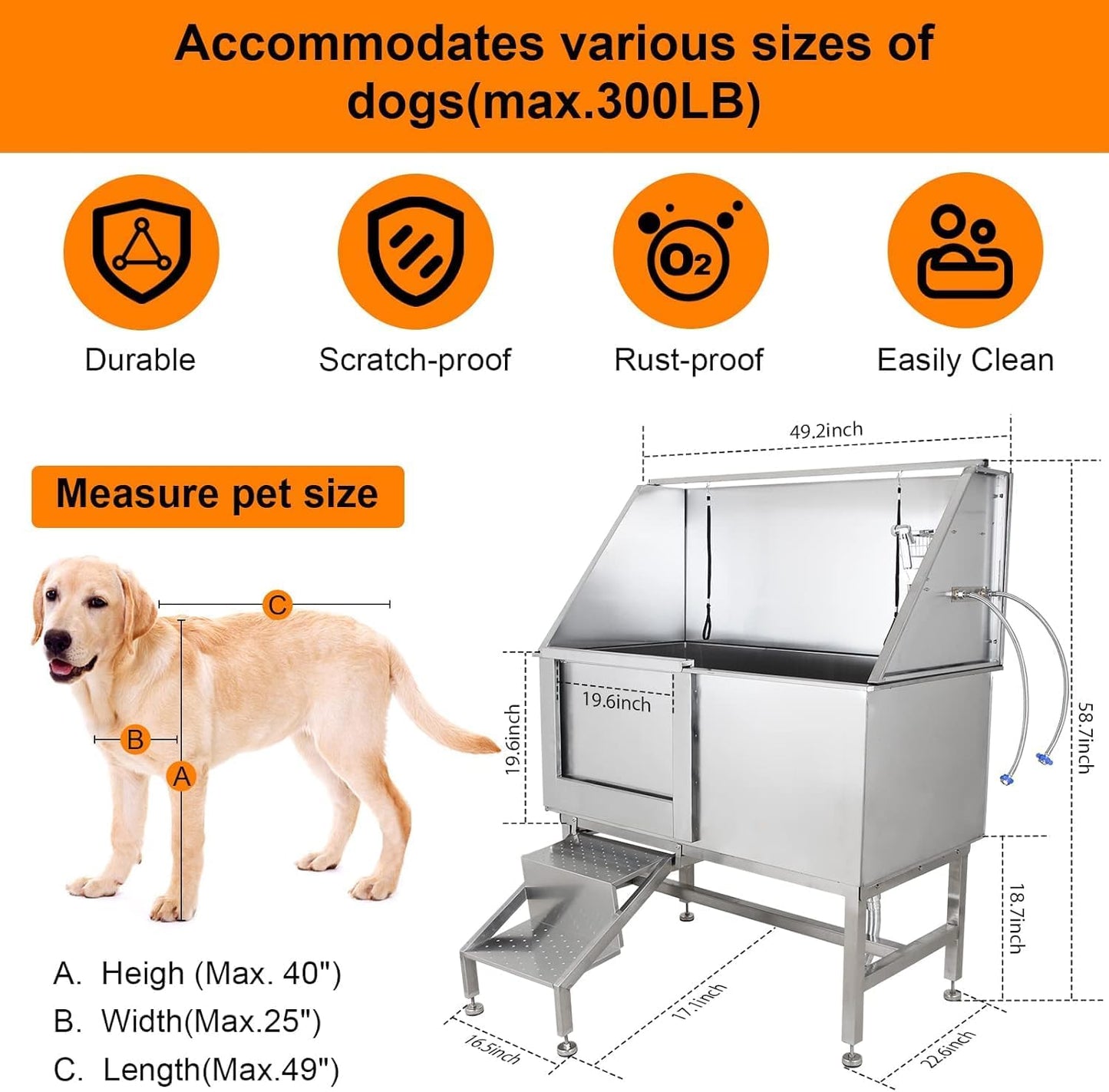 PioneerWorks 50" Pet Dog Grooming Bathing Station, Professional Stainless Steel Dog Grooming Tub w/Removable Ramp, Storage Drawer, Floor Grate, Dog Bathtab for Large, Medium & Small Pets, Left Door