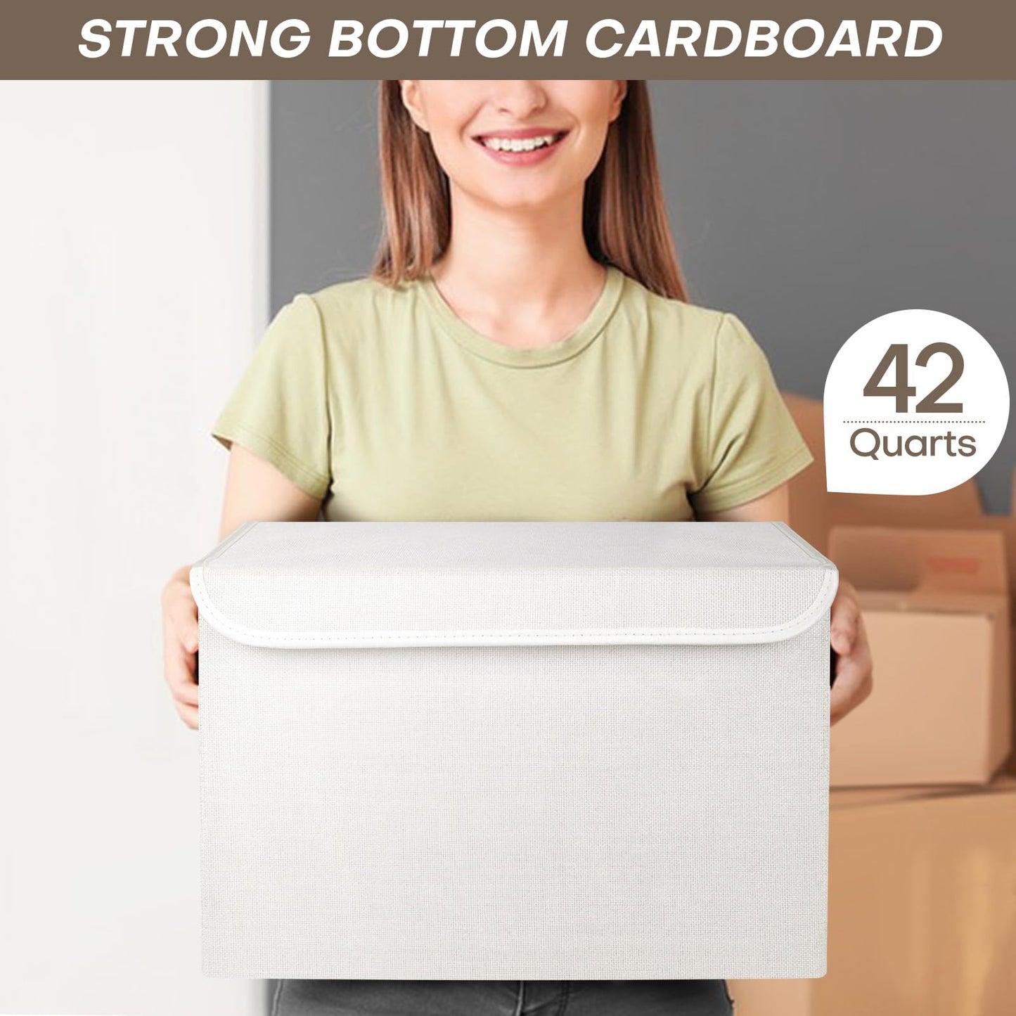 Bagnizer Large 17" 42 Quarts Collapsible Stackable Storage Bins with Lids [3-Pack] Foldable Fabric Linen Storage Boxes Cube, Closet Organizer Baskets with Label (16.7 x 12 x 12, White)