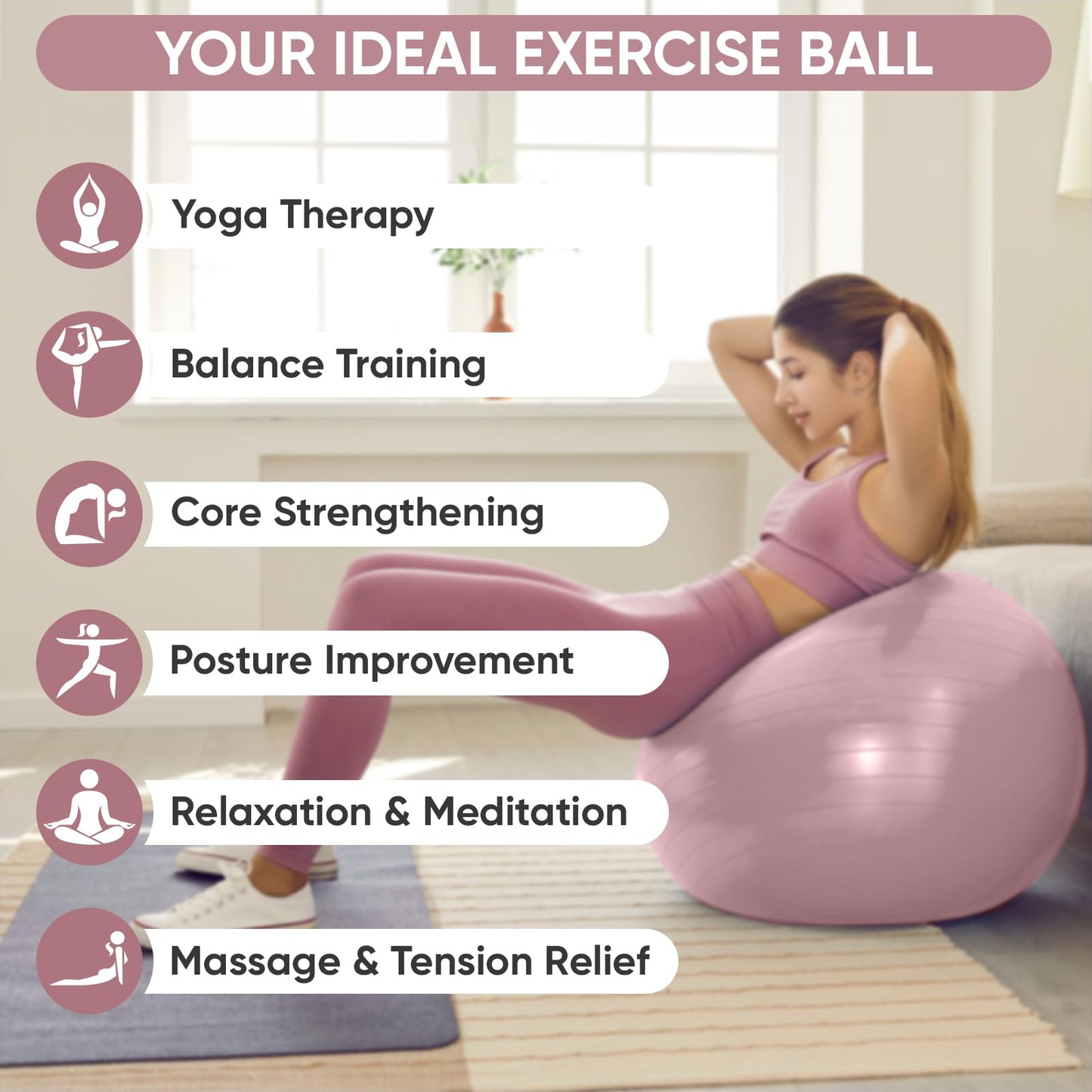 APEXUP Yoga Ball Exercise Ball, Anti Slip Stability Ball Chair, Heavy Duty Large Gym Ball for Fitness, Balance, Core Workout and Physical Therapy (S (15"~18") 45cm, Pink)
