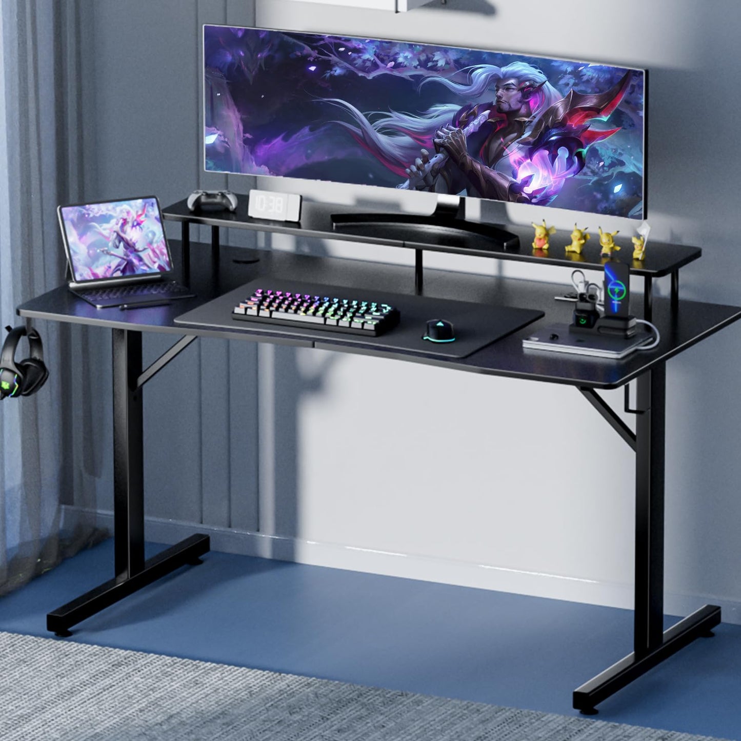 GTRACING 55 Inch Gaming Desk with LED Lights & Power Outlet, Computer Gamer Desk with Monitor Stand, Ergonomic Carbon Fiber Gaming Table Home Office Desk with Headphone Hook & Mouse Pad