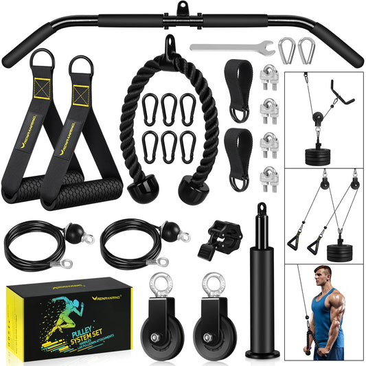 RENRANRING Weight Cable Pulley System Gym, Upgraded Cable Pulley Attachments for Gym LAT Pull Down, Biceps Curl, Tricep, Arm Workouts - Weight Pulley System Home Gym Add On Equipment