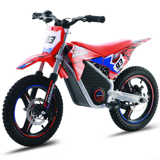OLALA 36V Electric Dirt Bike for Kids Aged 4-8, Brushless 350W Racing Grade Electric Motorcycle, Up to 18.6MPH & 3 Speed Settings, Dual Disc Brakes, 14'' Off-Road Knobby Tires, Red