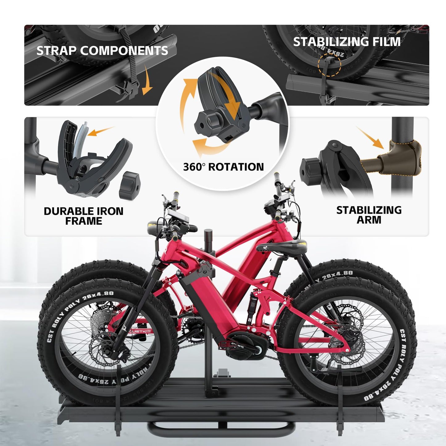 EYOUHZ 2 EBike Rack with Ramp, up to 5" Fat Tire Bike Carrier, 200 LBS Capacity Bike Racks, Lockable & Foldable Electric Bicycle Holder Platform for Standard, Fits 2" Hitch for SUVs Vans Trucks Cars