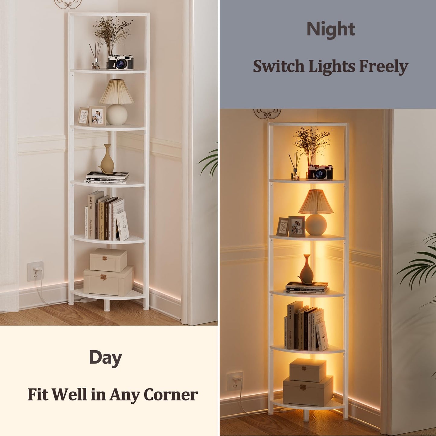 Furnulem 6 Tier Corner Shelf with LED Light, 67.5” Tall Standing Shelf Organizer, White Narrow Bookshelf with Storage Rack for Wall Corner, Living Room, Bedroom, Metal Frame, Wood Display Shelf