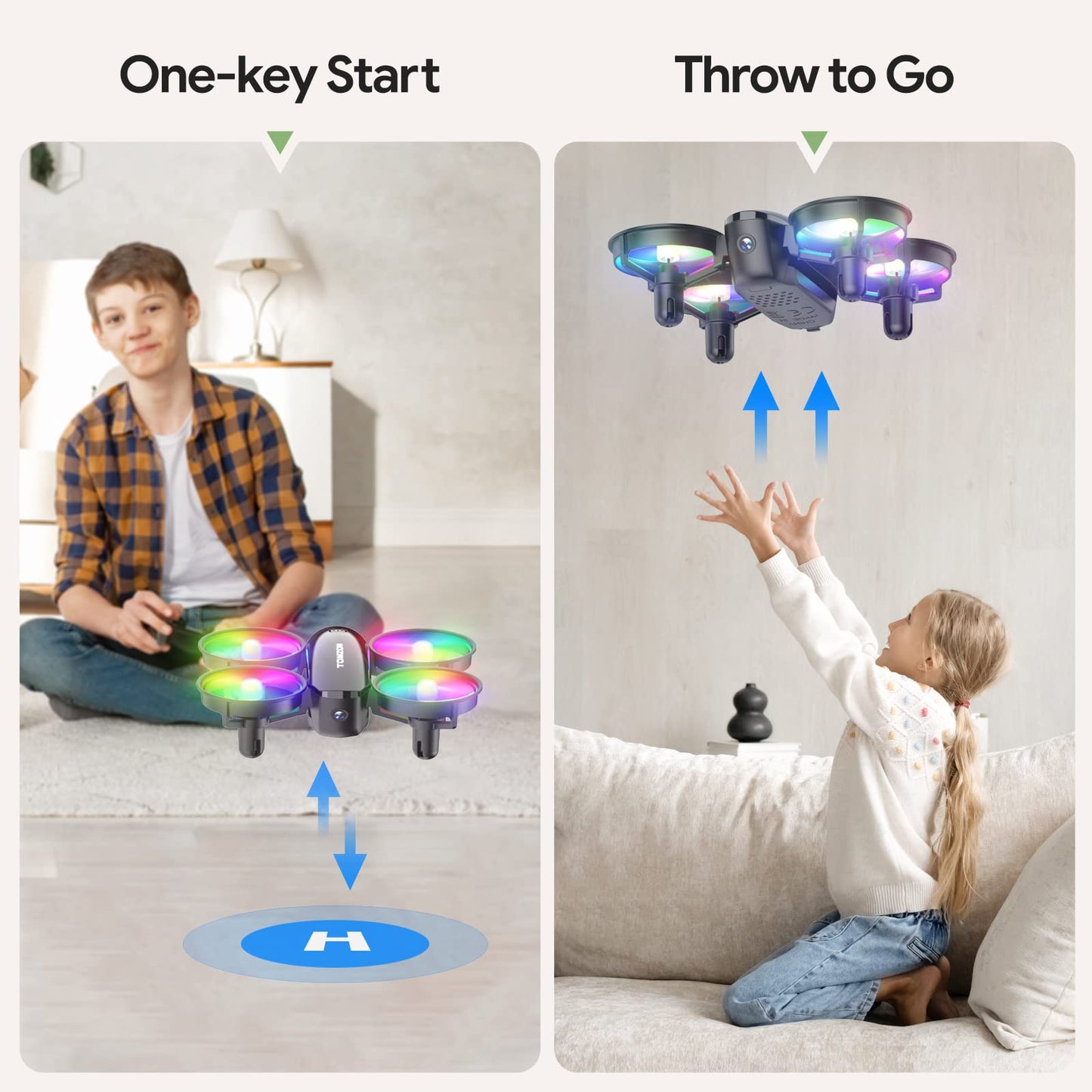 TOMZON A23W Drone with Camera 1080P, LED Kids Drone with Throw to Go, High Speed Rotation and 3D Flip, Mini Drone for Kids with Circle Fly, Gravity Sensor, 3 Speeds, 2 Batteries