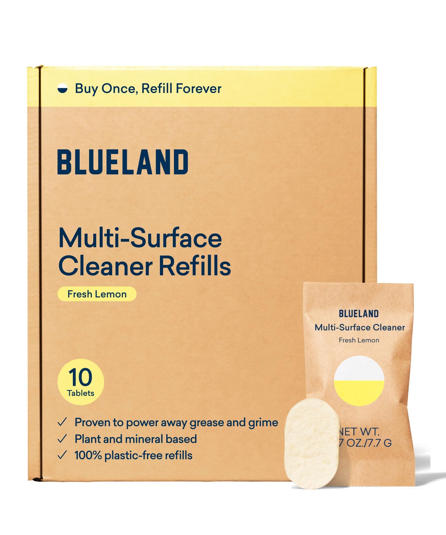 BLUELAND Multi-surface Cleaner, Starter Set, Fresh Lemon Scent, Spray Bottle with 4 Refill Tablets, All-Purpose, Eco-Friendly Cleaning Supplies, 4 x 24 Fl oz