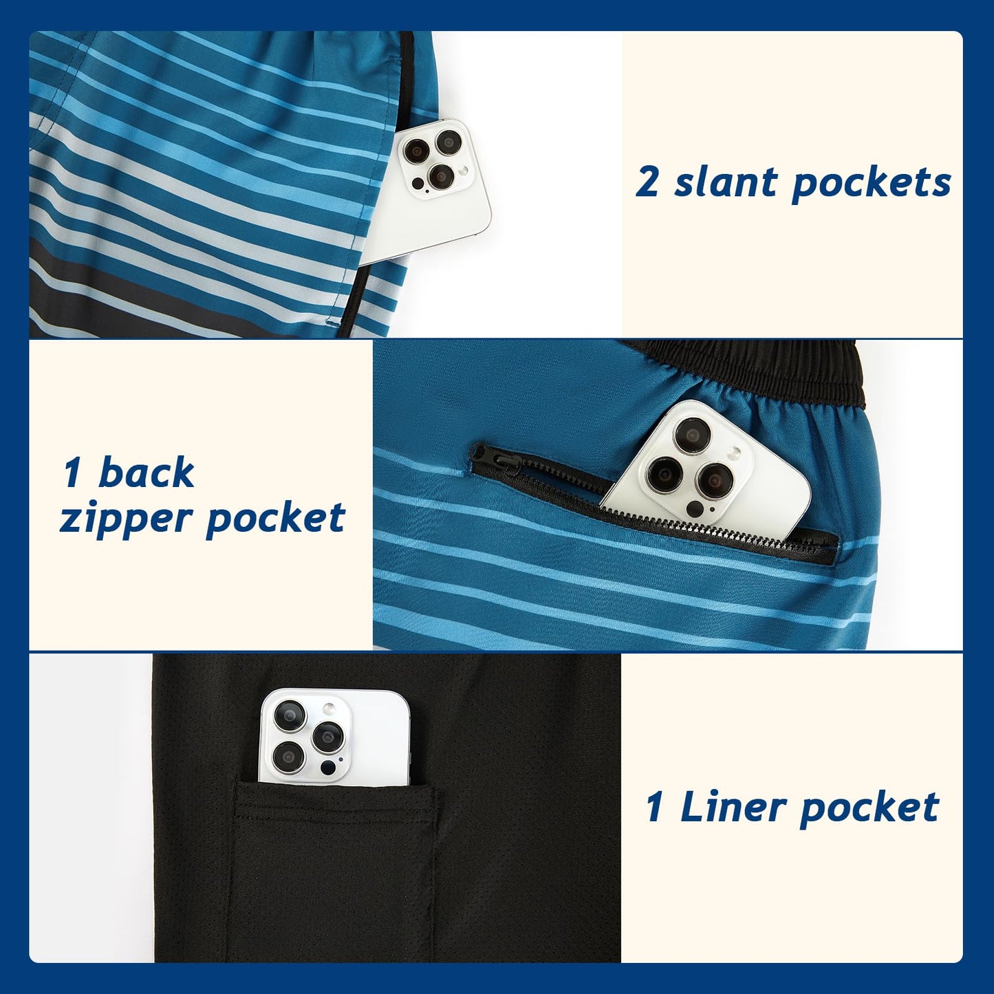 APTRO Men's Swim Trunks Quick Dry 7" Compression Liner Button Zipper Closure Board Shorts MJ06 Blue-Grey Stripe S