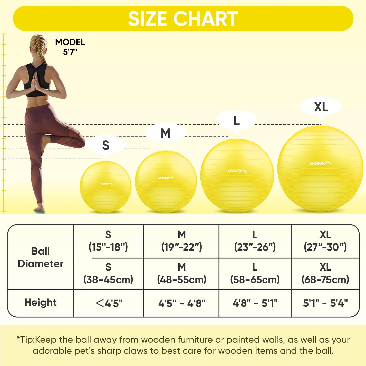 APEXUP Yoga Ball Exercise Ball, Anti Slip Stability Ball Chair, Heavy Duty Large Gym Ball for Fitness, Balance, Core Workout and Physical Therapy (S (15"~18") 45cm, Yellow)