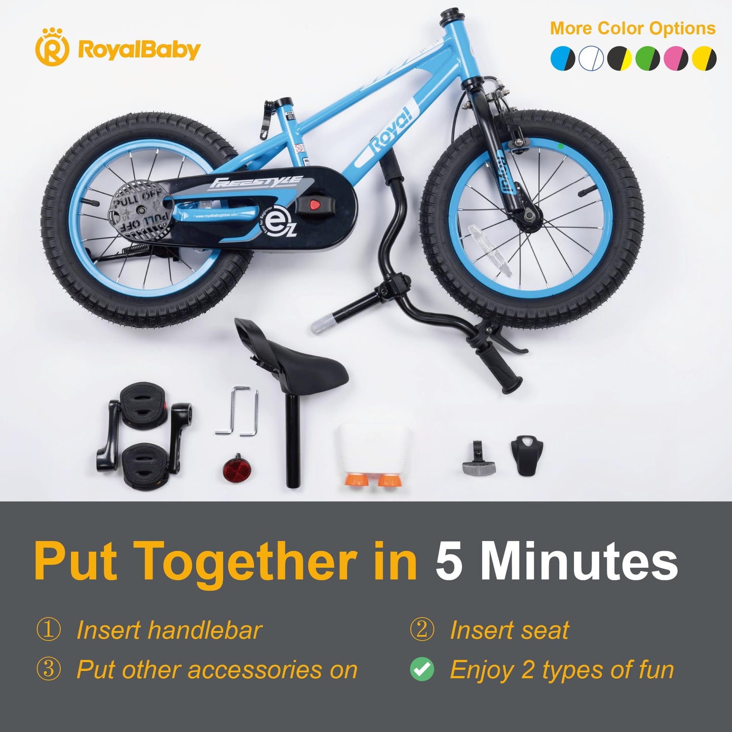 Royalbaby EZ Toddlers Kids Bike, 14 Inch Balance & Pedal Convertable Bicycle, Beginners Learning Bike for Boys Girls Ages 3-5 Years, 14" Wheel White