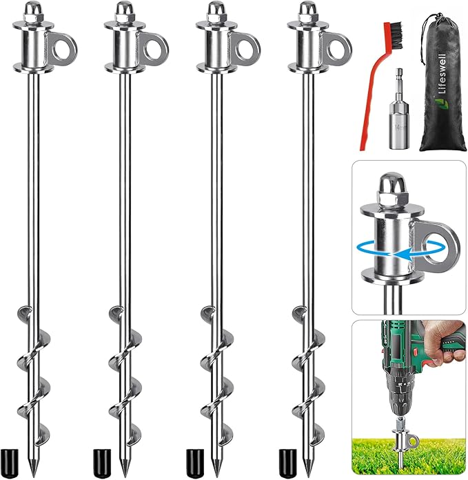 4 Pack Tent Stakes, 16 Inch Heavy Duty Ground Anchors, Full Welding, Easy to Screw in and Reusable, for Camping Tents, Trampolines, Sheds, Swing Sets, Securing Animals