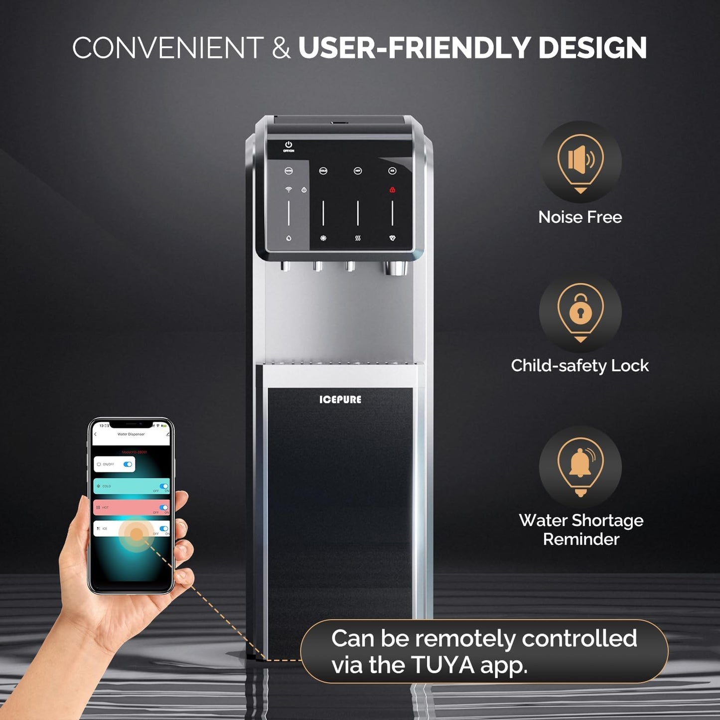 ICEPURE 5 in 1 Water Dispenser with Ice Maker for 5 Gallon Bottle, Built-in Bullet & Crushed/Chewable Ice Machine Hot Cold Water Cooler, Bottom Loading, 35lbs/24H, Child Safety Lock, Stainless Steel