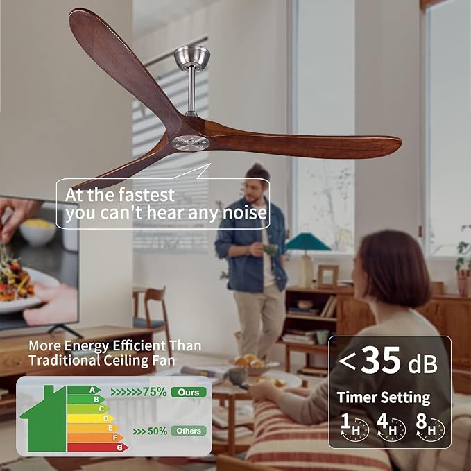 Bigzone 70" Outdoor Ceiling Fan with Remote No Light, 3 Wood Blades, Brushed Nickel Finish, Reversible Wood Ceiling Fan