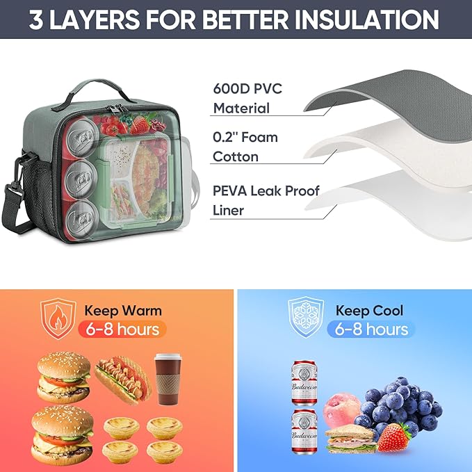 BALEINE Insulated Lunch Bag for Men Women, Leakproof Cooler Bag with Adjustable Shoulder Strap for Work Picnic, Lunch Box for Women Men (Small, Grey)