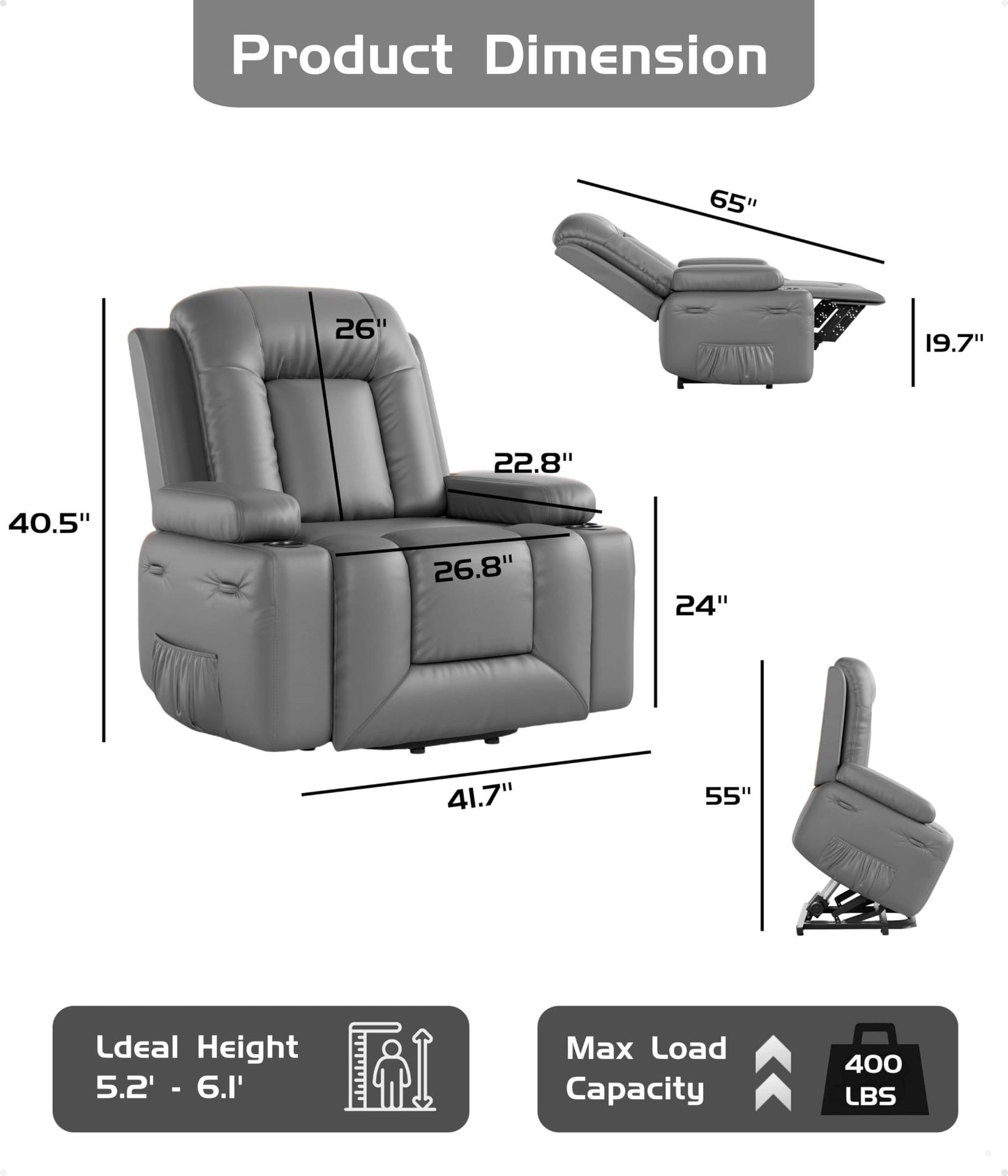 GarveeHome Oversized Wide Power Lift Recliner Chair - Heat and Massage, Faux PU Leather, Adjustable Back and Legs, Electric Lift Chair Designed for The Elderly and People with Mobility impaired