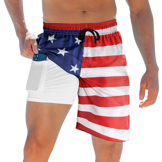 ALISISTER Men American Flag Swim Trunks Compression Liner 4th of July Board Shorts USA Independence Day Boardshorts Swimsuits Swimwear 7 Inch