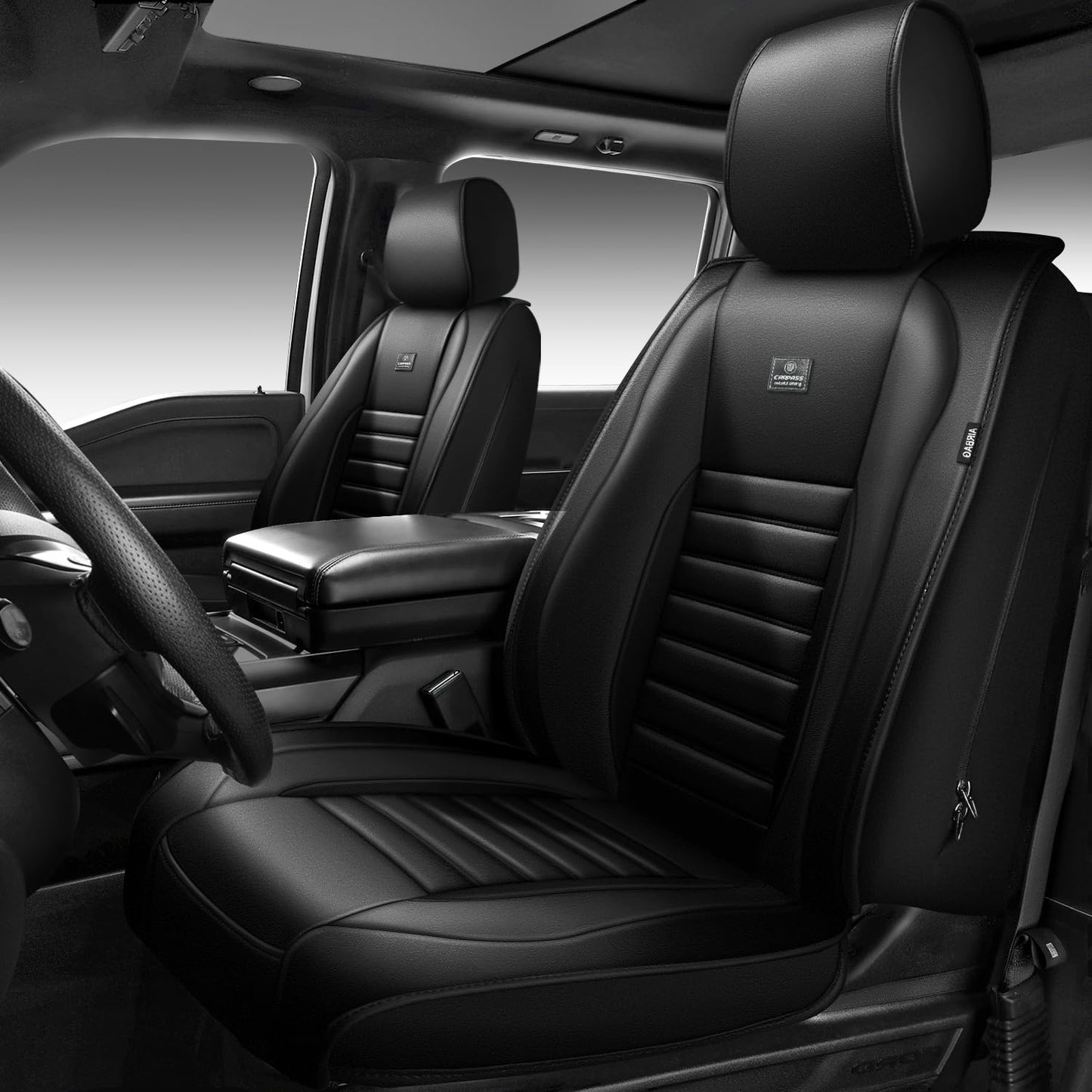 CAR PASS Nappa Leather Car Seat Covers Full Set, Luxury Seat Protector for Cars, Waterproof Anti-Slip Car Seat Cushion Armrest Compatible Airbag Universal for Sedan SUV Pick-up Truck Automotive, Black