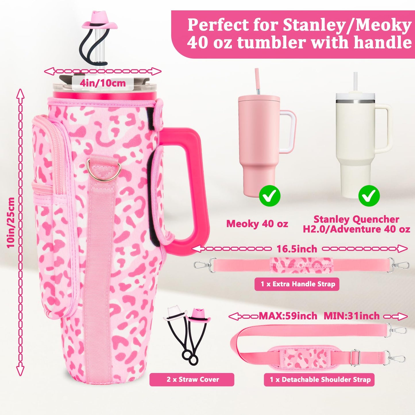 Water Bottle Carrier Bag with Phone Pocket and 2 Straw Covers Compatible with Stanley/Meoky/BrüMate 40 oz Tumbler with Handle,Water Bottle Holder with Adjustable Strap Fits for Stanley Cup Accessories