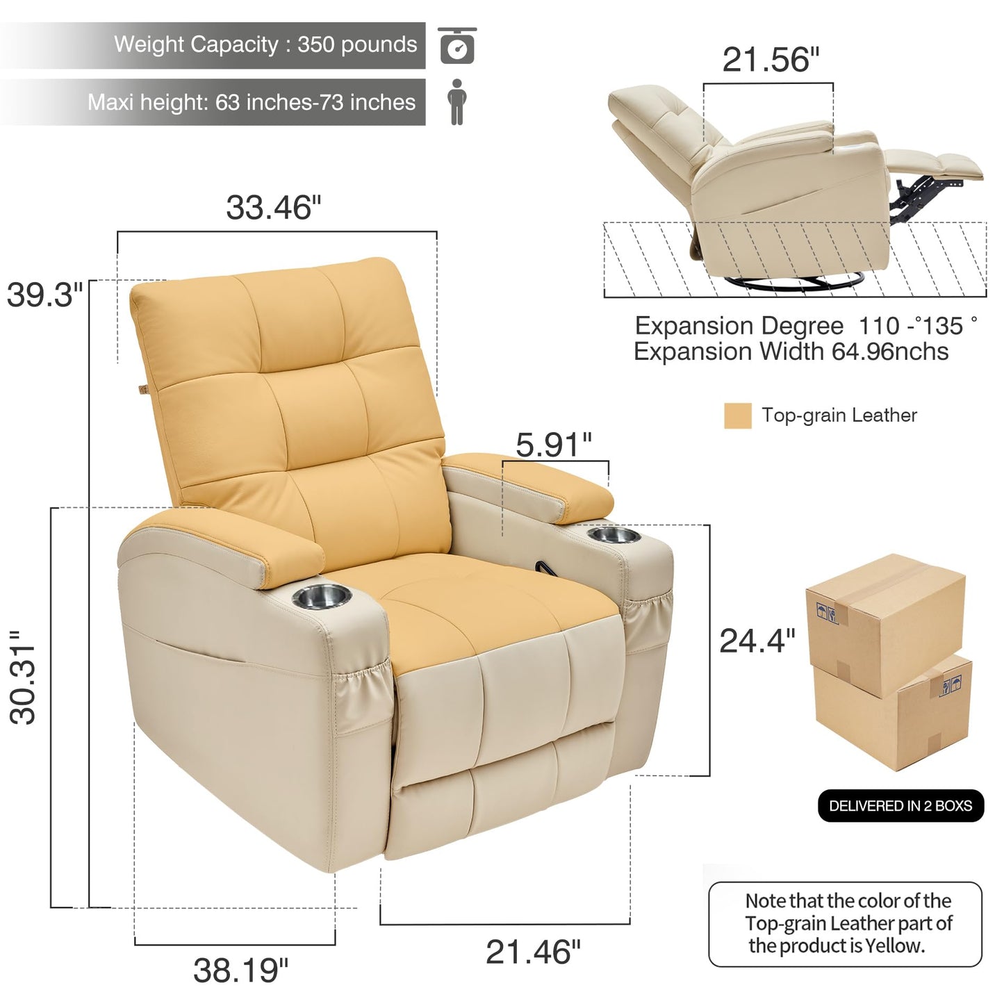 AIRSKY Genuine Leather Recliner Chair, Swivel and Rocking, Italian Water-Washing Process, Nursery Glider Recliner, Glider Rocking Chair, Nursery Chair, Swivel Rocker Recliner, R2, Beige