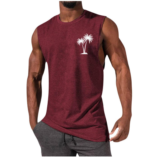 Prime Deals Today Clearance, Beach Shirts for Men White, Gym Tops for Men, Tank Tops Men Summer Sleeveless Tropical Beach Shirts Palm Tree Print Hawaiian T-Shirt Casual Muscle Sports Basic Tees