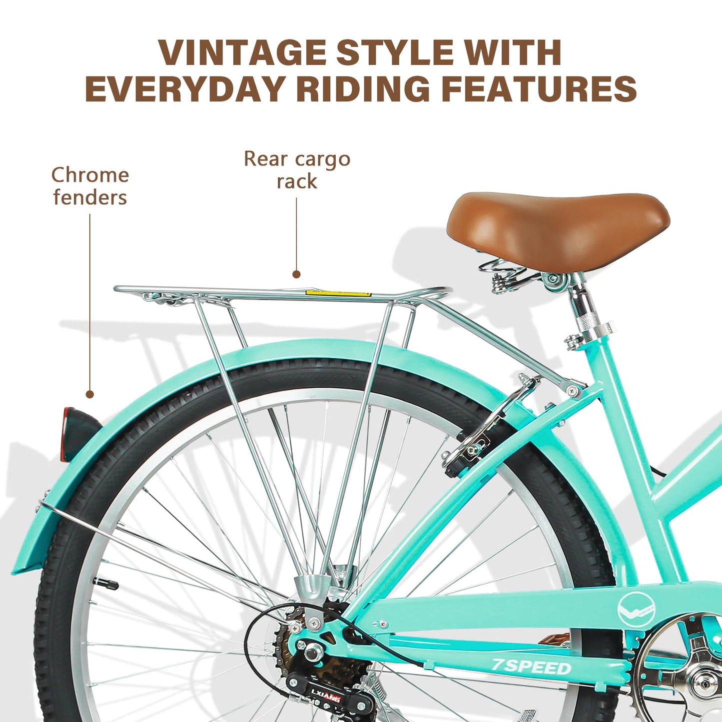 WEIZE Beach Cruiser Bike, 26 inch Commuter Bicycle for Adult Men and Women, 7-Speed/High-Carbon Steel/Front & Rear Fenders, Comfortable City Bikes with Rear Rack&Basket, Ergonomic Upright Design,Teal
