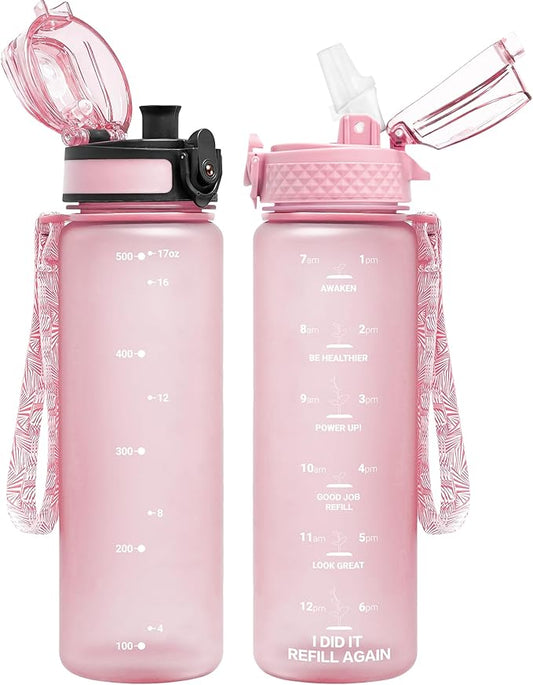 OLDLEY Kids Water Bottle for School, 17 oz (2 lids) BPA-Free Reusable Leak-proof Durable Tritan Plastic Water Bottles with Straw & Chug Lids, Anti-dust Spout Cover (Pink)