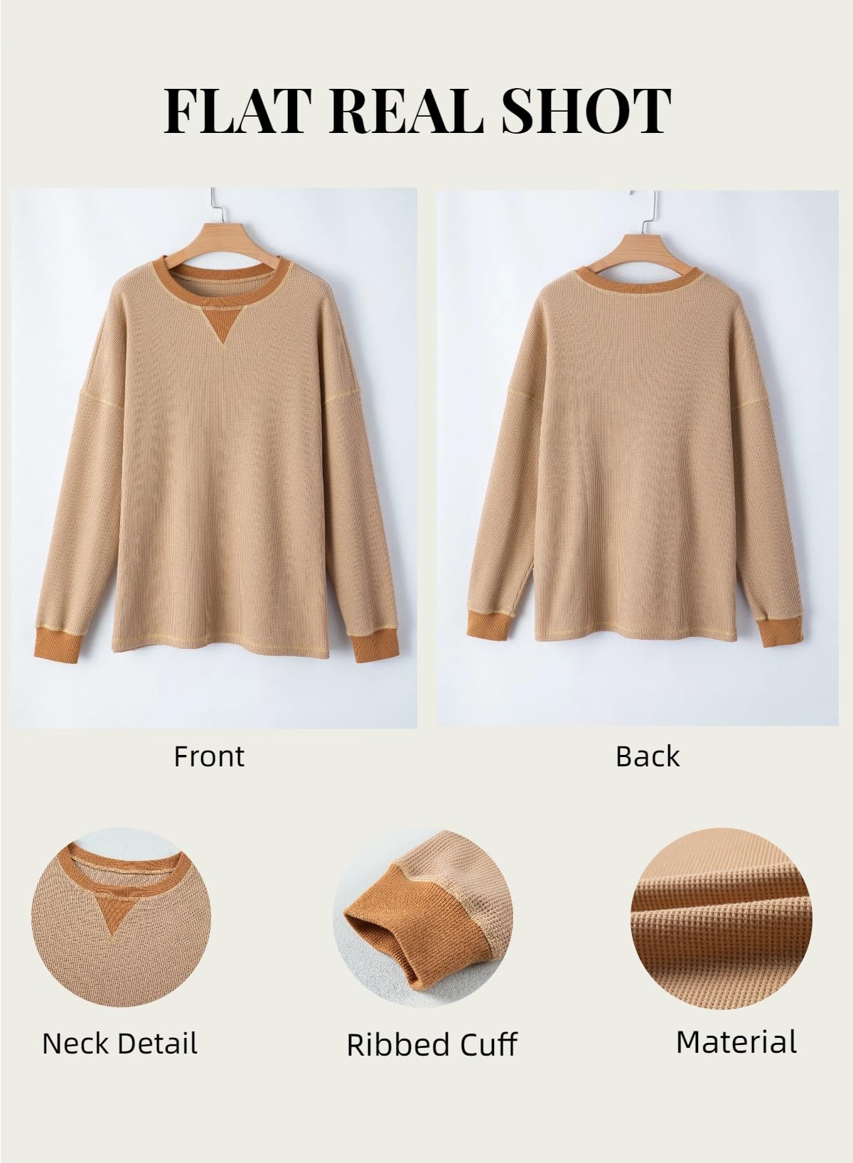 AlvaQ Sweatshirts for Women 2024 Casual Waffle Knit Tops Shirts Long Sleeve Drop Shoulder Oversized Sweatshirts Fall Fashion Outfits Khaki Large