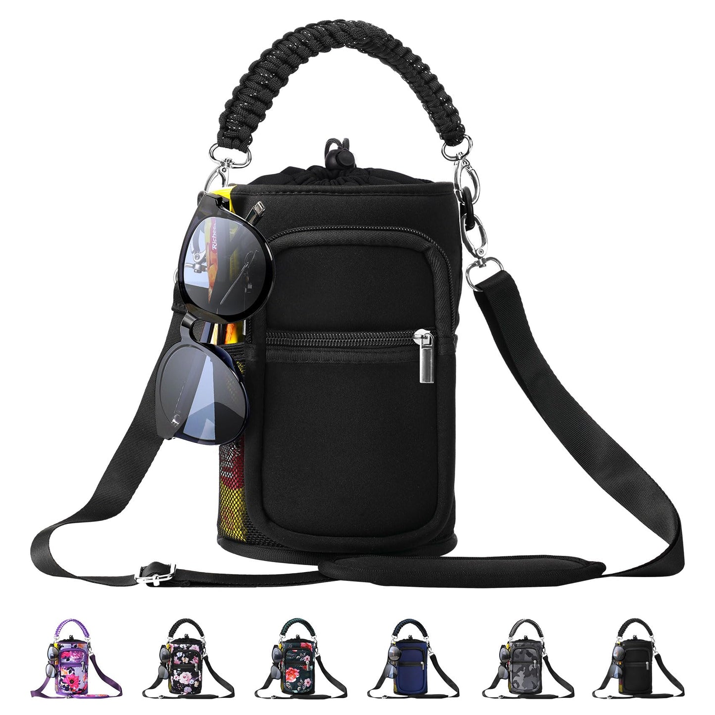 AceTreker 128 oz Water Bottle Sleeve, Neoprene One Gallon Water Bottle Carrier with Strap & Paracord Handle, Sport Bottle Holder Sling Bag with 5 Pockets for Travelling, Walking, Camping-Black
