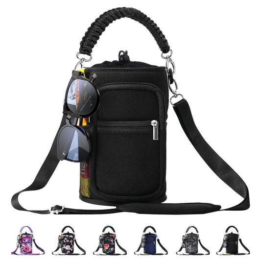 AceTreker 128 oz Water Bottle Sleeve, Neoprene One Gallon Water Bottle Carrier with Strap & Paracord Handle, Sport Bottle Holder Sling Bag with 5 Pockets for Travelling, Walking, Camping-Black