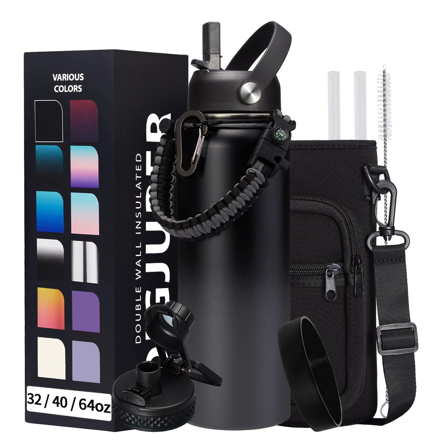 Vacuum Insulated Water Bottle 40oz - w/Straw Lid & Spout Lid, Carrier Bag, Paracord Handle, Bottle Boot, Reusable Stainless Steel Water Bottle for Adults, Wide Mouth Thermo Flask Cold-48H Hot-24H