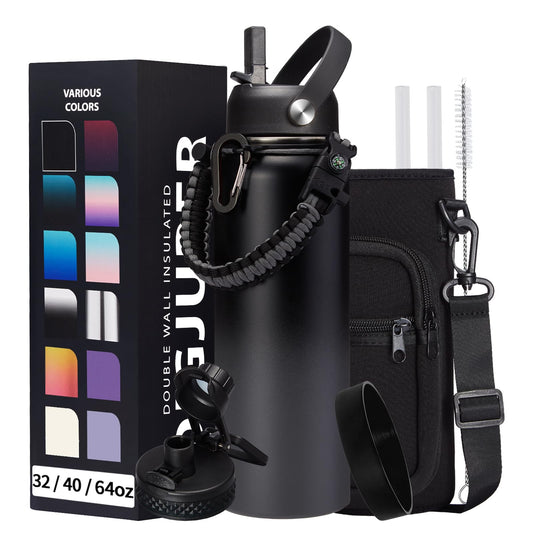 Vacuum Insulated Water Bottle 40oz - w/Straw Lid & Spout Lid, Carrier Bag, Paracord Handle, Bottle Boot, Reusable Stainless Steel Water Bottle for Adults, Wide Mouth Thermo Flask Cold-48H Hot-24H