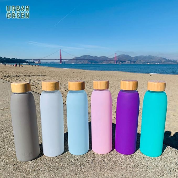 Urban Green Glass Water Bottle with Protective Silicone Sleeve and Bamboo Lid, 18oz, 1extra 304 Stainless Steel Lid with Handle, BPA Free, Dishwasher Safe, Valentine Gift