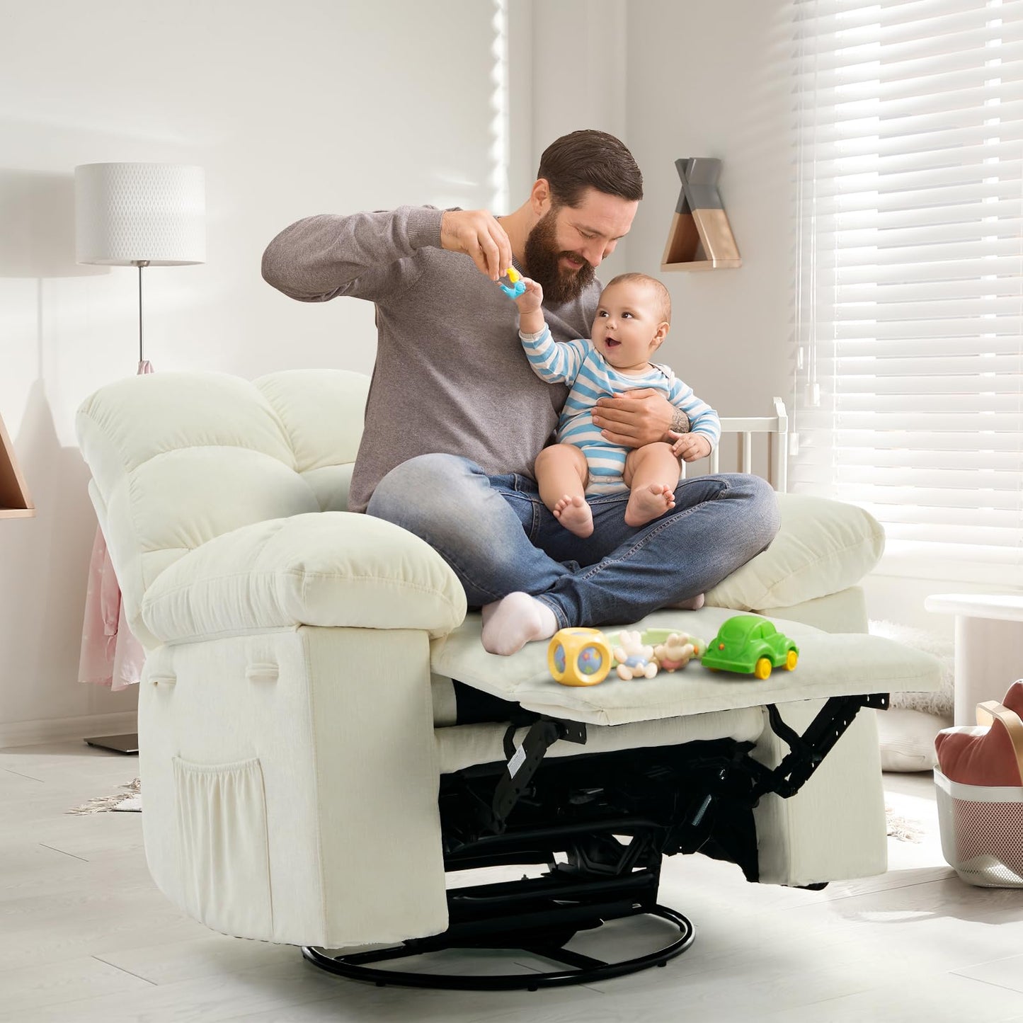 SLEKVERSA Rocking Recliner Chair, 360° Swivel & 30° Rocking, Upholstered Fabric Nursery Chair with Side Pockets, Q235 Steel Frame for Small Spaces & Versatile Use