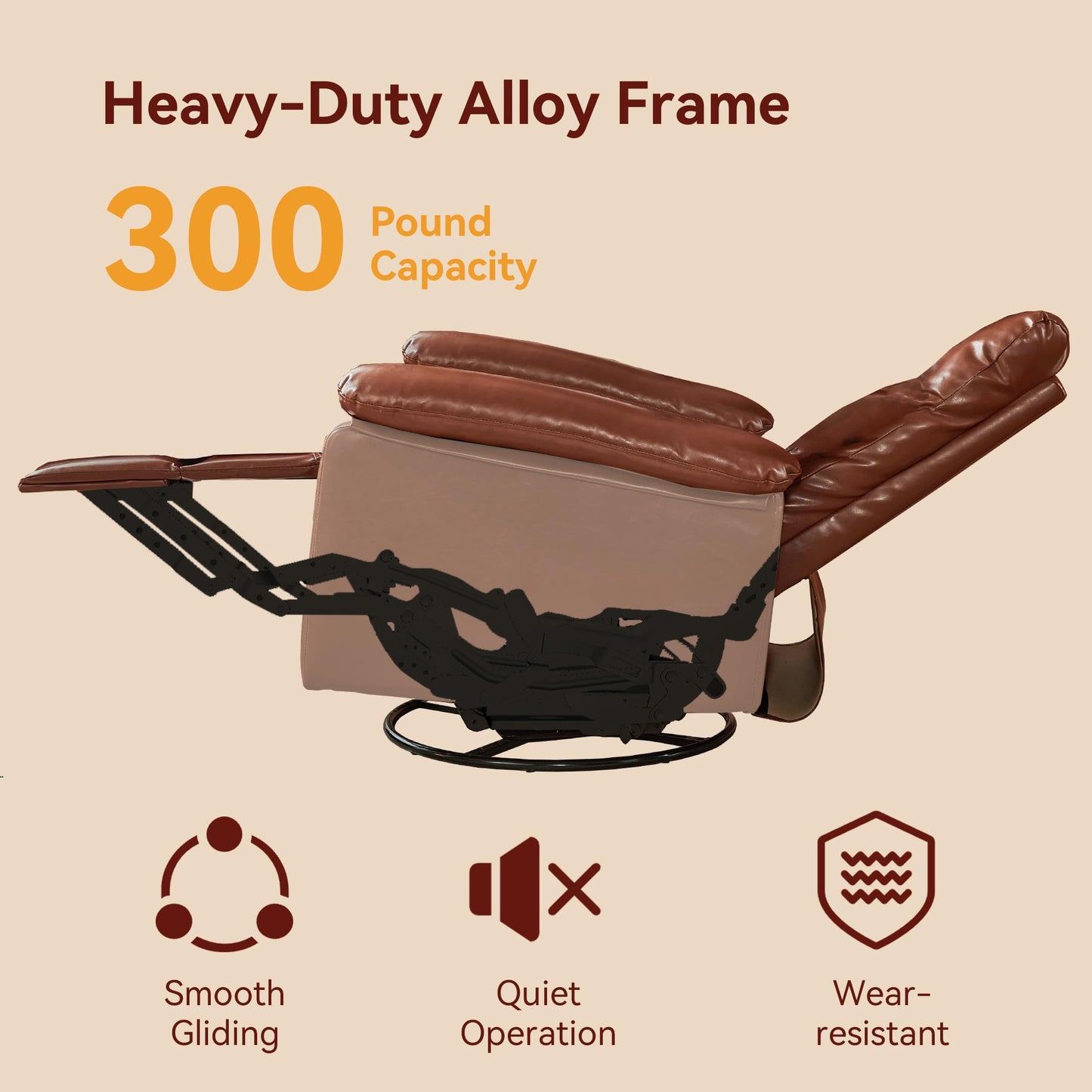 Rocking Recliner with 360° Swivel, Stress Relief Rocker Glider Reclining with Lumbar Support, Adjustable Backrest and Footrest for Nursery Living Room Bedroom Small Spcaes, Faux Leather (Mocha)