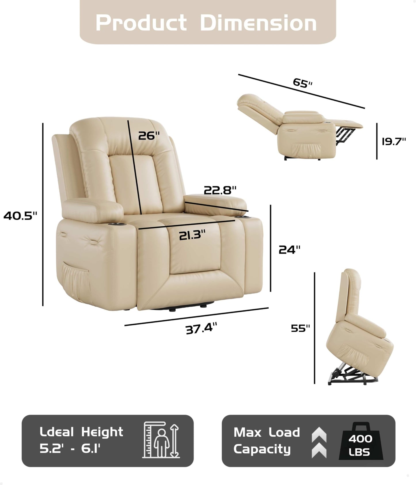 Power Lift Recliner Chair - Heat and Massage, Faux PU Electric Lift Recliner for Elderly & Mobility Impaired, Adjustable Back and Legs, Heavy Duty Lift Chair for Seniors