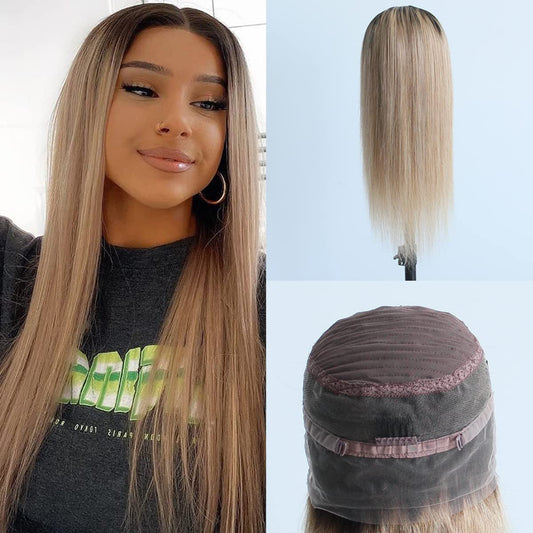 Aprilhair Pre-plucked Ombre #1B/27 Dark Root Honey Blonde 360 Lace Frontal Wigs Straight Glueless 150% Density Brazilian Virgin Human Hair With Baby Hair Full (12" inch, Straight)