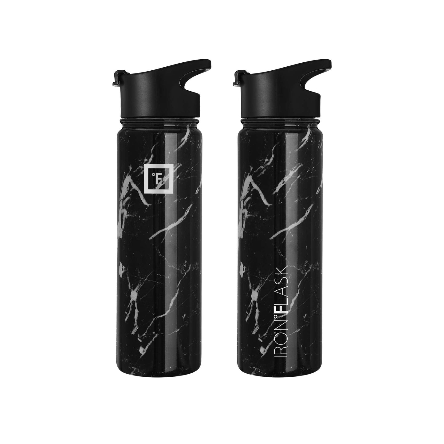 IRON °FLASK Camping & Hiking Hydration Flask, Wide Mouth, 3 Spout Lids, Stainless Steel Outdoor Water Bottle, Double Walled, Insulated Thermos, Metal Canteen - Black Marquina, 22 Oz